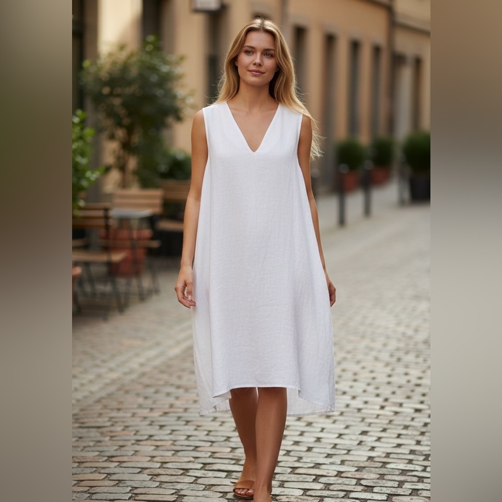 Dylan Linen White Sleeveless Dress with Pockets